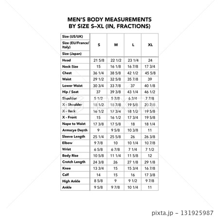 Men size chart inches fractions chest waist hips shoulder sleeve S M L XL reference sewing tailoring fitting global  131925987