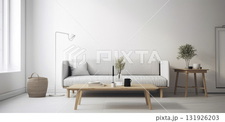 Modern living room in grey and beige colors, interior created with ai generative tools. 131926203