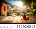 Wooden table in italy and tomatoes created with ai generative tools. 131926215