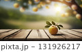 Peach or apricot trees and wooden table created with ai generative tools. High quality illustration 131926217