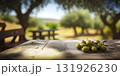 Wooden table with olive trees created with ai generative tools. 131926230