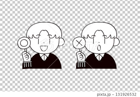 Illustration of a man holding a check mark and a cross mark 131926532