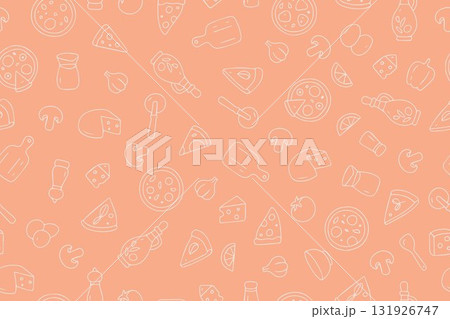 A seamless pattern with various pizza ingredients, including cheese, tomatoes, and peppers. Perfect for culinary projects, menus, and educational materials. Vector illustration in doodle style. 131926747