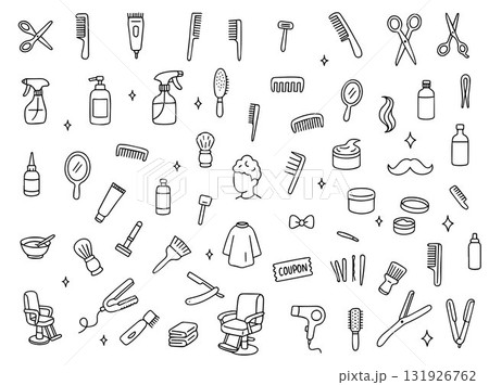 A set of hairdressing tools for styling hair and creating popular haircuts. Scissors, hair dryer, hairpins, combs, and a barber chair in a doodle style. Hand-drawn vector illustration. 131926762