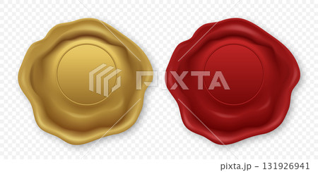 Vector 3d Realistic Wax Seal Icon Set. Red Wax Seal and Gold Wax Seal. Realistic Vintage Stamp for Certificate, Envelope, Letter, Branding, Logo, Document Closure, Invitation, Wedding, Isolated Vector 3d Realistic Wax Seal Icon Set. Red Wax Seal and Gold Wax Seal. Realistic Vintage Stamp for Certificate, Envelope, Letter, Branding, Logo, Document Closure, Invitation, Wedding, Isolated 131926941