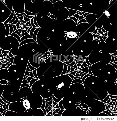 Halloween pattern. Spider web and cute spiders. Vector seamless background October 31. Black and white spooky pattern 131926942