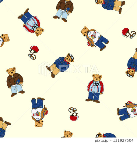 手描きで描いた可愛いクマのテキスタイルパターン, 131927504