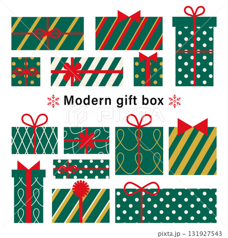モダンなプレゼントの箱。クリスマスプレゼントのボックスセット。 モダンなプレゼントの箱。クリスマスプレゼントのボックスセット。 131927543