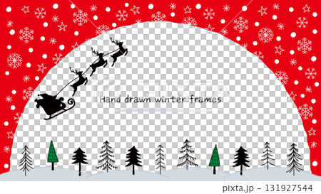 A frame of Santa Claus pulling a sleigh running through the sky in a snowy field. Christmas background. 131927544