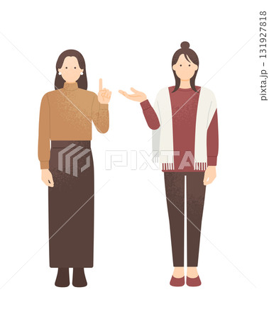 案内や紹介をする女性たちの全身イラスト　温かい服装をした女の子 秋冬イメージのイラスト素材 131927818