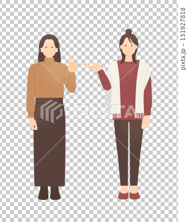 案内や紹介をする女性たちの全身イラスト　温かい服装をした女の子 秋冬イメージのイラスト素材 131927818