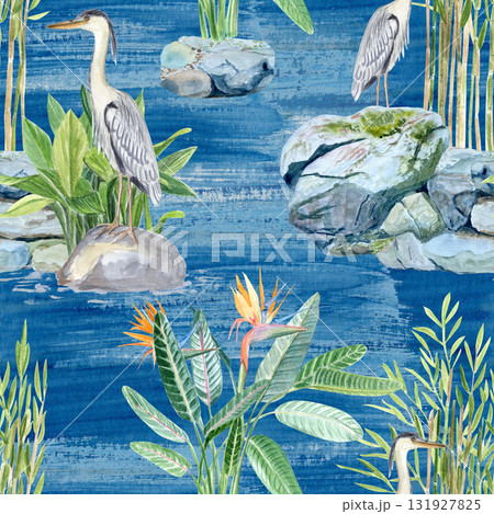 Asian-inspired landscape with herons, tropical plants, stones, water. Watercolor seamless pattern on blue background. Perfect for botanical designs, exotic patterns, nature themes, zen-style 131927825