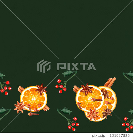 Orange slices with cinnamon sticks, anise stars, cloves, holly leaves, red berries watercolor border on dark green. Perfect for festive invitations, seasonal menus, packaging, banners, holiday 131927826