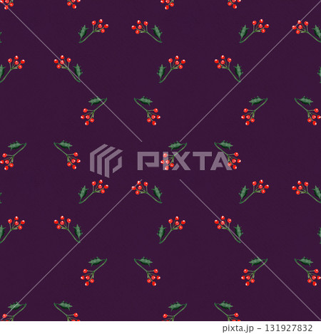 Holly branches and red berries isolated on dark purple background. Perfect for Christmas wrapping paper, fabric prints, festive cards, digital design, scrapbooking, and cozy holiday home decor Holly branches and red berries isolated on dark purple background. Perfect for Christmas wrapping paper, fabric prints, festive cards, digital design, scrapbooking, and cozy holiday home decor 131927832