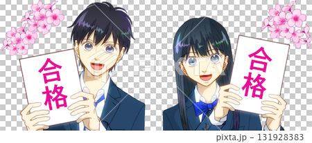 Anime-style illustration of high school or junior high school students, boys and girls, happy about passing the exam, white background Anime-style illustration of high school or junior high school students, boys and girls, happy about passing the exam, white background 131928383