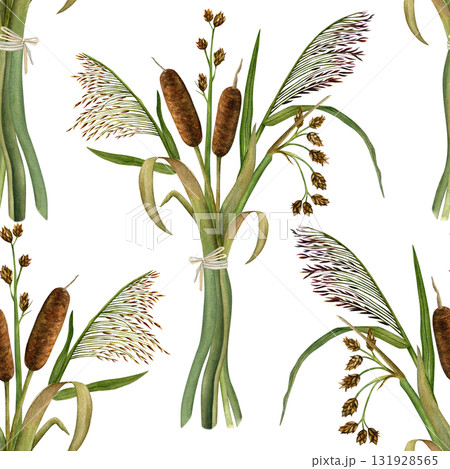 Seamless pattern bouquet of cattails, reeds, and rushes. Hand-drawn watercolor illustration 131928565