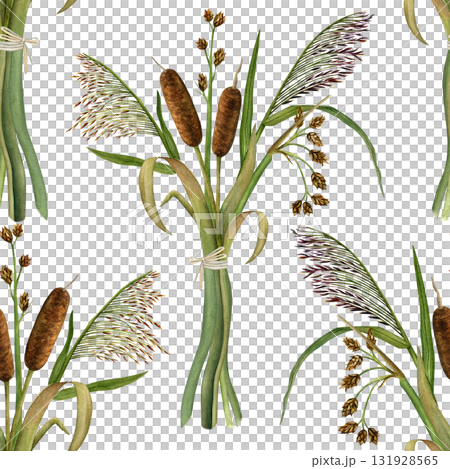 Seamless pattern bouquet of cattails, reeds, and rushes. Hand-drawn watercolor illustration 131928565