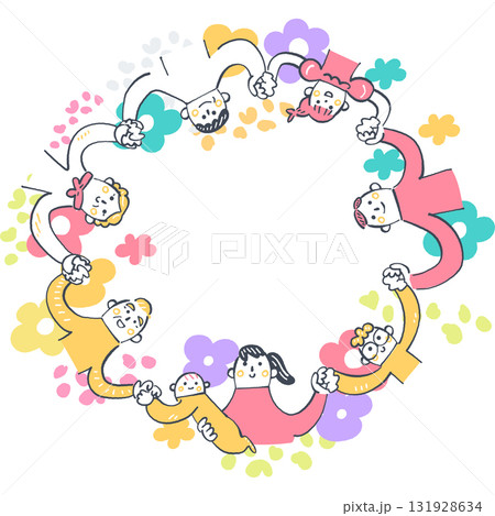 手をつなぎ輪になる多様な人々　人と人のつながり・協力のイメージ	 131928634