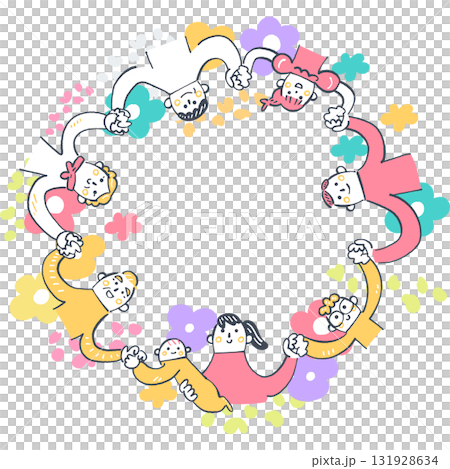 手をつなぎ輪になる多様な人々　人と人のつながり・協力のイメージ	 131928634