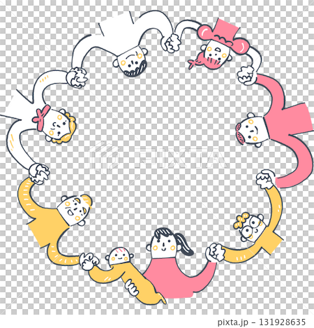 手をつなぎ輪になる多様な人々　人と人のつながり・協力のイメージ	 131928635