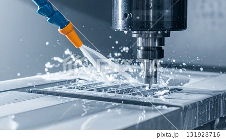 CNC milling machine processing on steel with cooling CNC milling machine processing on steel with cooling 131928716