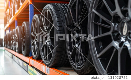 A lot of car rims on the shelf for sale 131928721