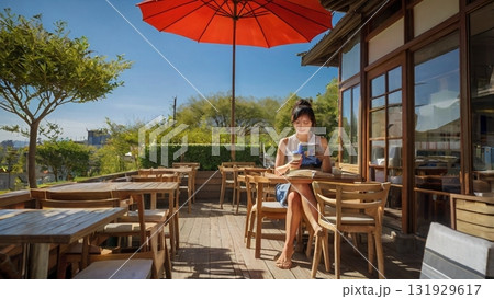 オープンカフェで過ごす読書とコーヒーの幻想的で心癒される時間 131929617