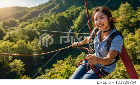 爽快ジップライン!幻想的な空を駆け抜ける冒険と笑顔のデジタルアート 爽快ジップライン!幻想的な空を駆け抜ける冒険と笑顔のデジタルアート 131929754