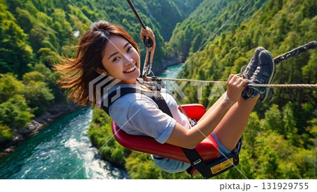 爽快ジップライン!幻想的な空を駆け抜ける冒険と笑顔のデジタルアート 爽快ジップライン!幻想的な空を駆け抜ける冒険と笑顔のデジタルアート 131929755