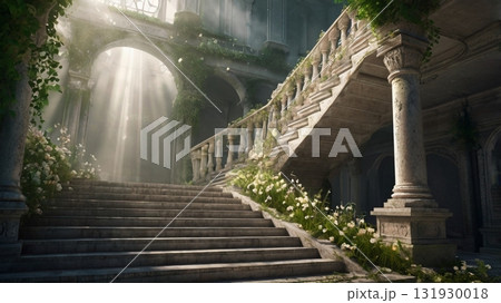 光と雲に包まれた天国への階段～幻想的な夢の旅路 131930018