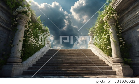 光と雲に包まれた天国への階段～幻想的な夢の旅路 131930022