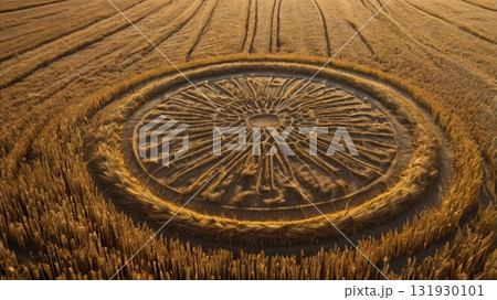 小麦畑に浮かび上がる巨大ミステリーサークルと幻想的な大地アート 131930101