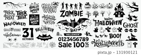 Happy Halloween silhouettes black and white collections ideas banner design elements white background Happy Halloween silhouettes black and white collections ideas banner design elements white background 131930121