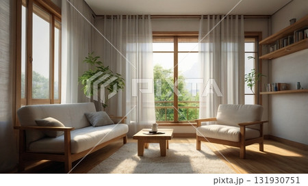 白を基調とした部屋でそよ風に包まれ読書を楽しむ女子大生の午後 131930751