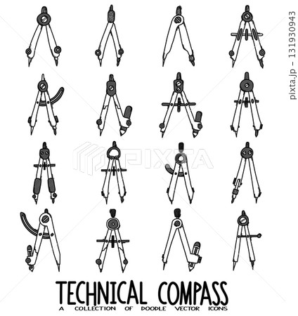 Technical Compass Doodle vector icon set. Drawing sketch illustration hand drawn line eps10 131930943