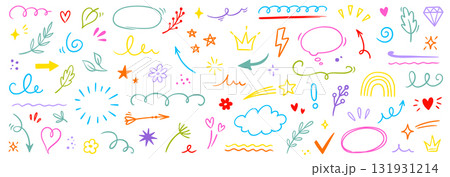 Line icon cute element set. Doodle line color icon decorative arrow, cloud, crown, sparkle and flower. Hand drawn heart, sketchy figure, funny outline and cartoon ribbon for kids. Vector Line icon cute element set. Doodle line color icon decorative arrow, cloud, crown, sparkle and flower. Hand drawn heart, sketchy figure, funny outline and cartoon ribbon for kids. Vector 131931214