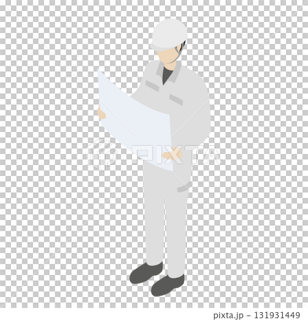 Isometric illustration of a construction worker holding a blueprint Isometric illustration of a construction worker holding a blueprint 131931449