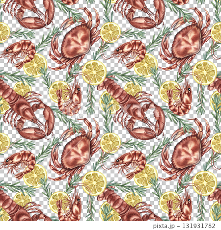 Seamless pattern featuring shrimp, crab, and lobster with lemon and rosemary. Hand-drawn watercolor illustration. Colorful seafood image. For menus, recipes, packaging, labels, and textiles. 131931782