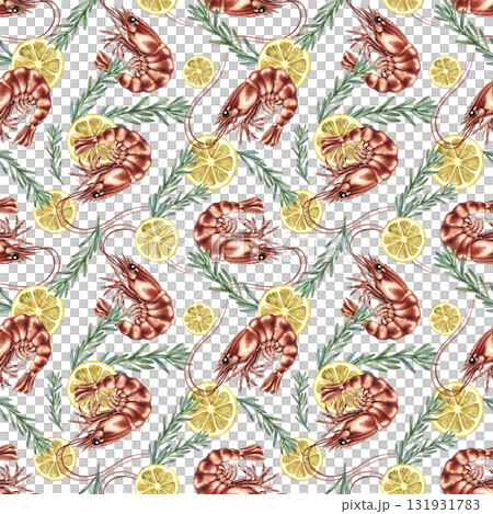 Seamless pattern with shrimp, lemon, and rosemary. Hand-drawn watercolor illustration. Colorful seafood image. Perfect for menus, recipe books, packaging, labels, and textiles. Seamless pattern with shrimp, lemon, and rosemary. Hand-drawn watercolor illustration. Colorful seafood image. Perfect for menus, recipe books, packaging, labels, and textiles. 131931783