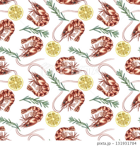 Seamless pattern with shrimp, lemon, and rosemary. Hand-drawn watercolor illustration. Colorful seafood image. Perfect for menus, recipe books, packaging, labels, and textiles. 131931784