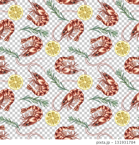 Seamless pattern with shrimp, lemon, and rosemary. Hand-drawn watercolor illustration. Colorful seafood image. Perfect for menus, recipe books, packaging, labels, and textiles. 131931784