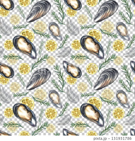 Seamless pattern with mussels, lemon, and rosemary. Hand-drawn watercolor illustration. Colorful image of a gourmet seafood dish. For menus, recipe books, packaging, labels, textiles, and more. Seamless pattern with mussels, lemon, and rosemary. Hand-drawn watercolor illustration. Colorful image of a gourmet seafood dish. For menus, recipe books, packaging, labels, textiles, and more. 131931786