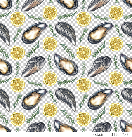 Seamless pattern with mussels, lemon, and rosemary. Hand-drawn watercolor illustration. Colorful image of a gourmet seafood dish. For menus, recipe books, packaging, labels, textiles, and more. 131931788