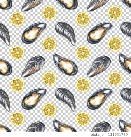 Seamless pattern with mussels and lemon. Handmade watercolor illustration. Colorful image of a gourmet seafood dish. Suitable for menus, recipe books, packaging, labels, textiles, and more. Seamless pattern with mussels and lemon. Handmade watercolor illustration. Colorful image of a gourmet seafood dish. Suitable for menus, recipe books, packaging, labels, textiles, and more. 131931789