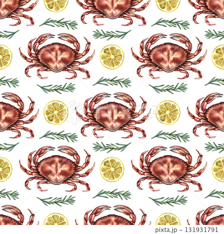 Seamless pattern with crabs, lemon, and rosemary. Hand-drawn watercolor illustration. Colorful image of a seafood dish. For menus, recipe books, packaging, and labels. 131931791