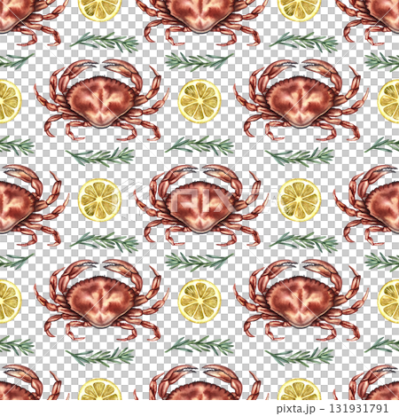 Seamless pattern with crabs, lemon, and rosemary. Hand-drawn watercolor illustration. Colorful image of a seafood dish. For menus, recipe books, packaging, and labels. 131931791