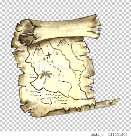 Vintage map, Treasure Island. Hand-drawn watercolor illustration. For children s games and holidays. For stickers, cards, posters and banners, packaging, and more. 131931803