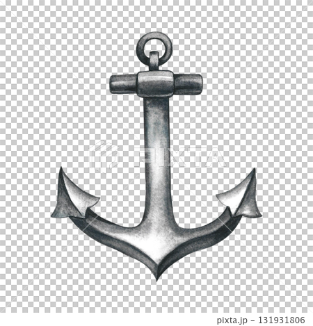 An old anchor. Hand-drawn watercolor illustration. For stickers, invitation cards, posters and banners, packaging, and more. An old anchor. Hand-drawn watercolor illustration. For stickers, invitation cards, posters and banners, packaging, and more. 131931806