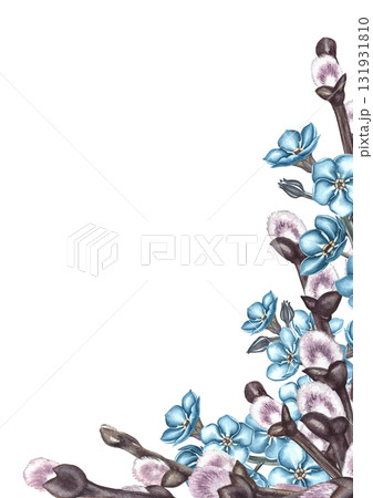 A frame of blue forget-me-not flowers and spring willow twigs. Hand-drawn watercolor illustration. For greeting cards and invitations for birthdays, anniversaries, or weddings. For packaging, labels. 131931810