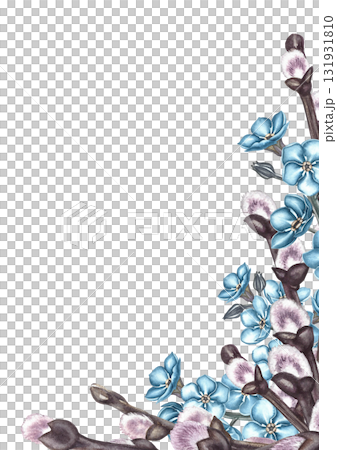 A frame of blue forget-me-not flowers and spring willow twigs. Hand-drawn watercolor illustration. For greeting cards and invitations for birthdays, anniversaries, or weddings. For packaging, labels. 131931810
